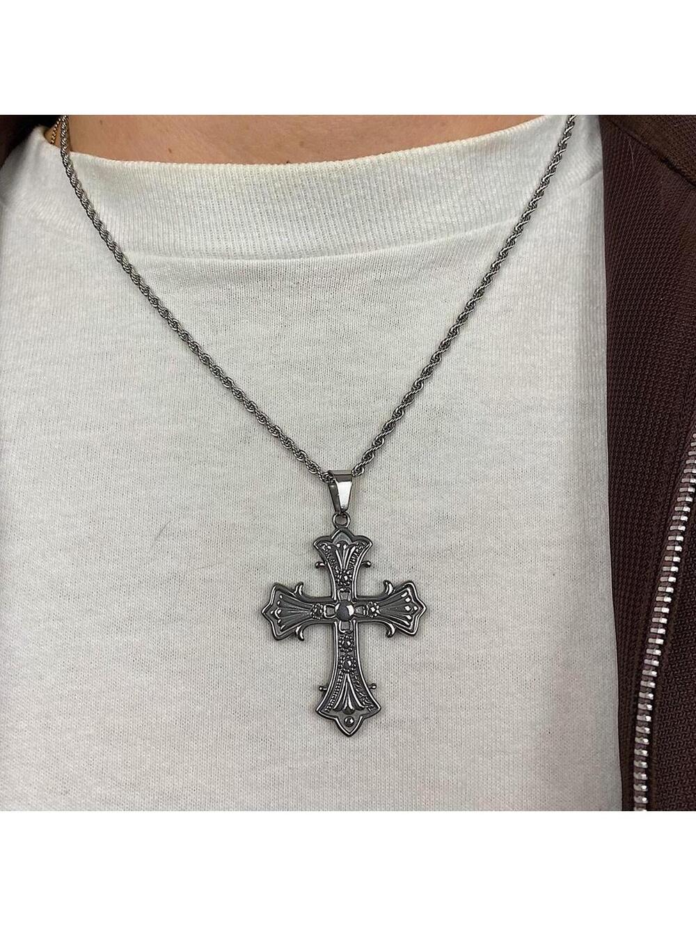 Stainless steel y2k style gothic silver cross pendant necklace. 20 inches - Picture 8 of 8